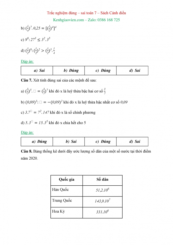 Trắc nghiệm đúng sai Toán 7 cánh diều