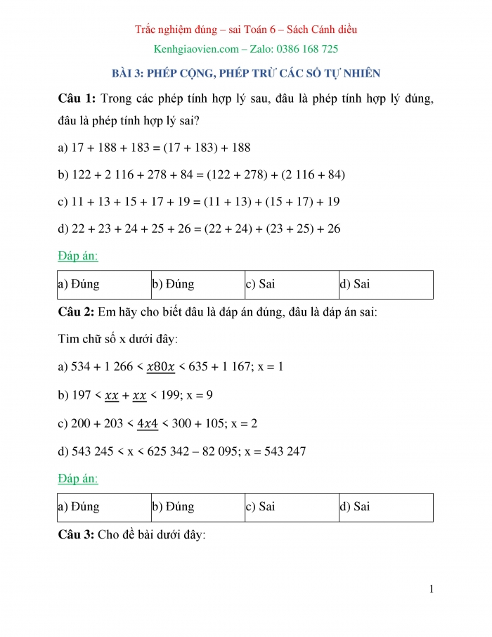 Trắc nghiệm đúng sai Toán 6 cánh diều