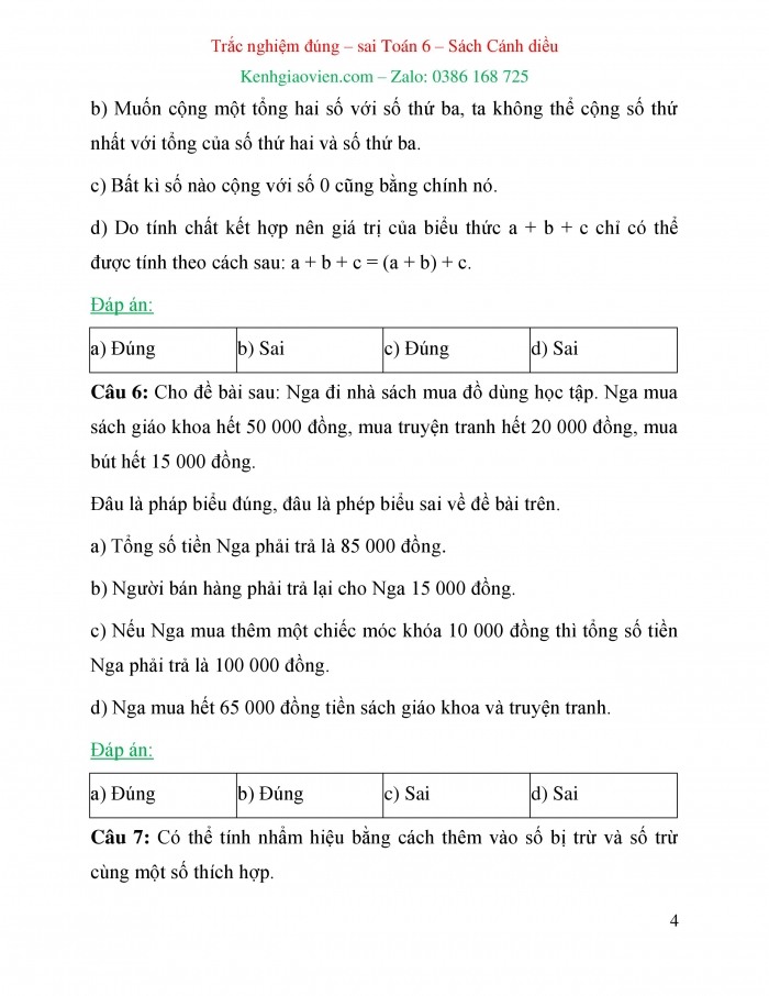 Trắc nghiệm đúng sai Toán 6 cánh diều