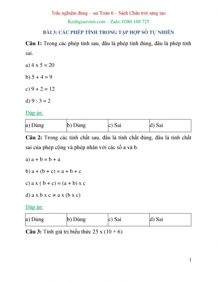 Trắc nghiệm đúng sai Toán 6 chân trời sáng tạo