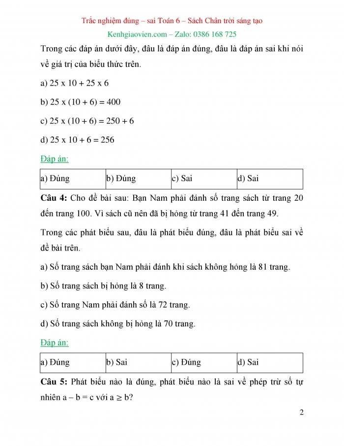 Trắc nghiệm đúng sai Toán 6 chân trời sáng tạo