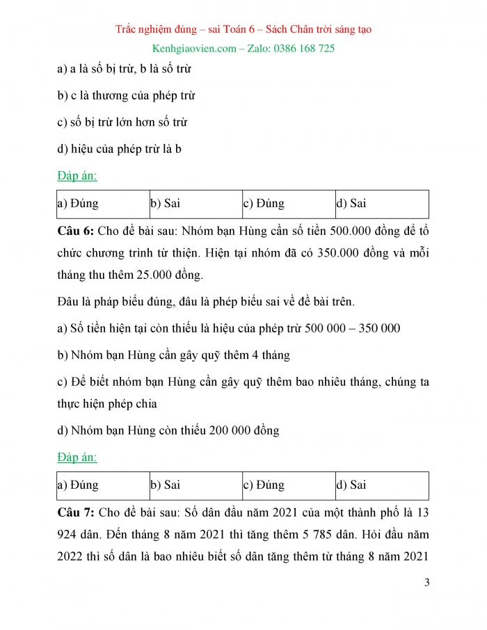 Trắc nghiệm đúng sai Toán 6 chân trời sáng tạo