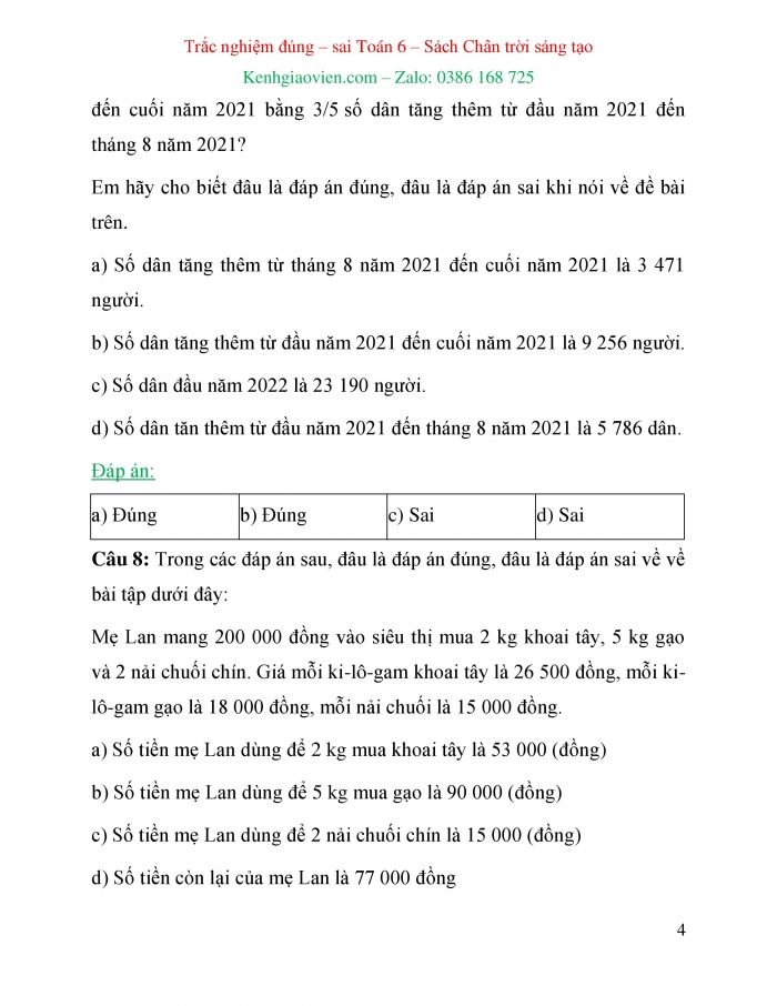 Trắc nghiệm đúng sai Toán 6 chân trời sáng tạo