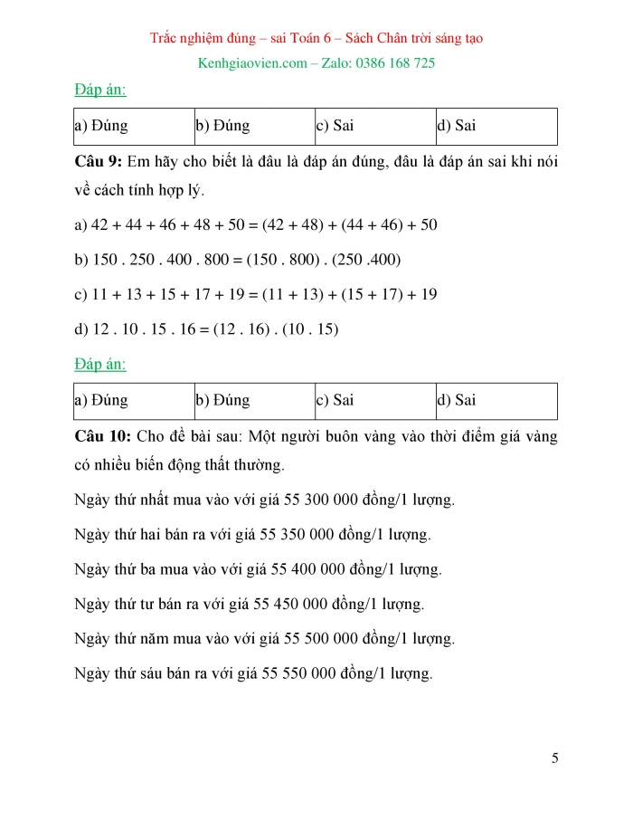 Trắc nghiệm đúng sai Toán 6 chân trời sáng tạo