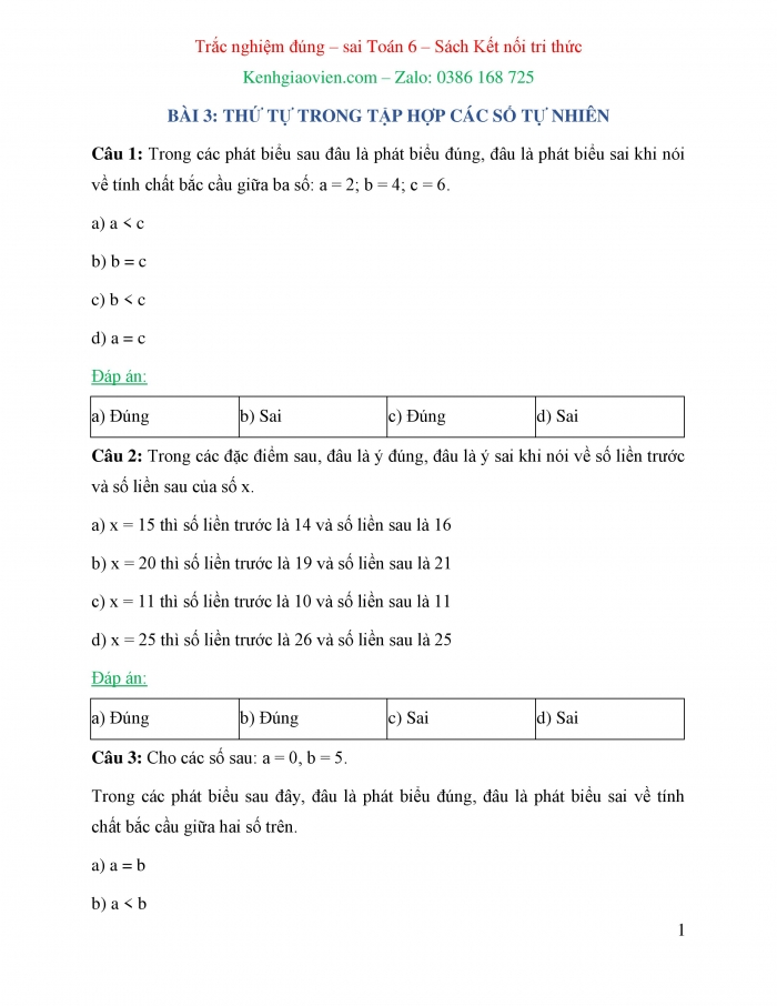 Trắc nghiệm đúng sai Toán 6 kết nối tri thức