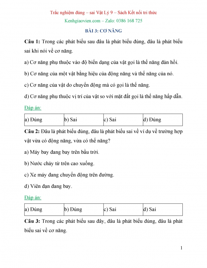 Trắc nghiệm đúng sai Vật lí 9 kết nối tri thức