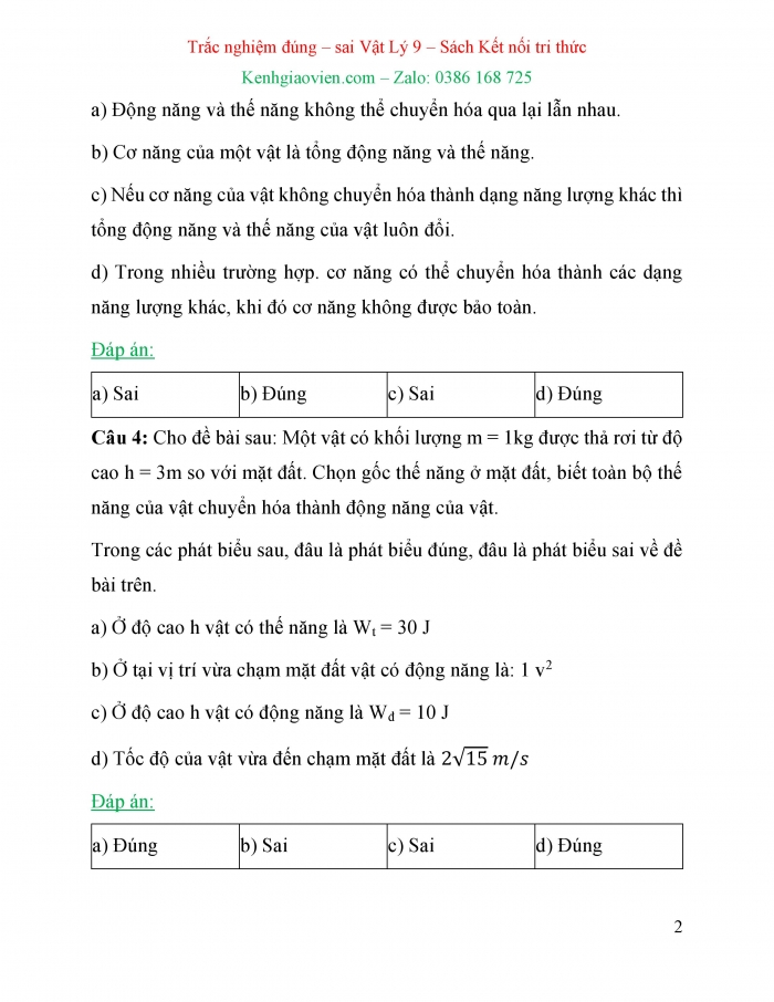 Trắc nghiệm đúng sai Vật lí 9 kết nối tri thức