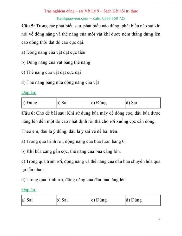 Trắc nghiệm đúng sai Vật lí 9 kết nối tri thức