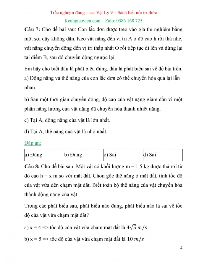 Trắc nghiệm đúng sai Vật lí 9 kết nối tri thức