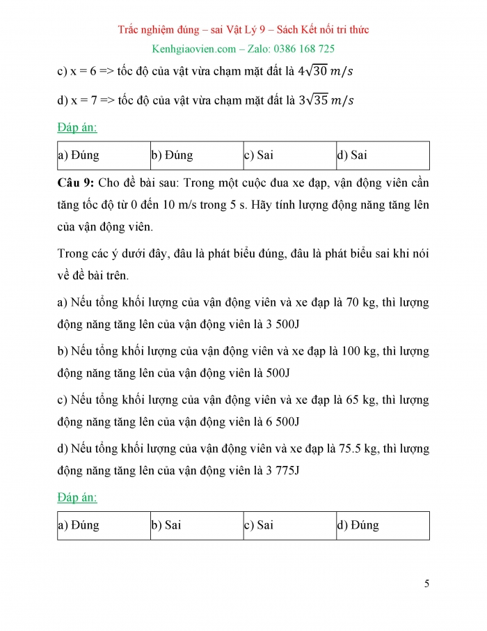 Trắc nghiệm đúng sai Vật lí 9 kết nối tri thức