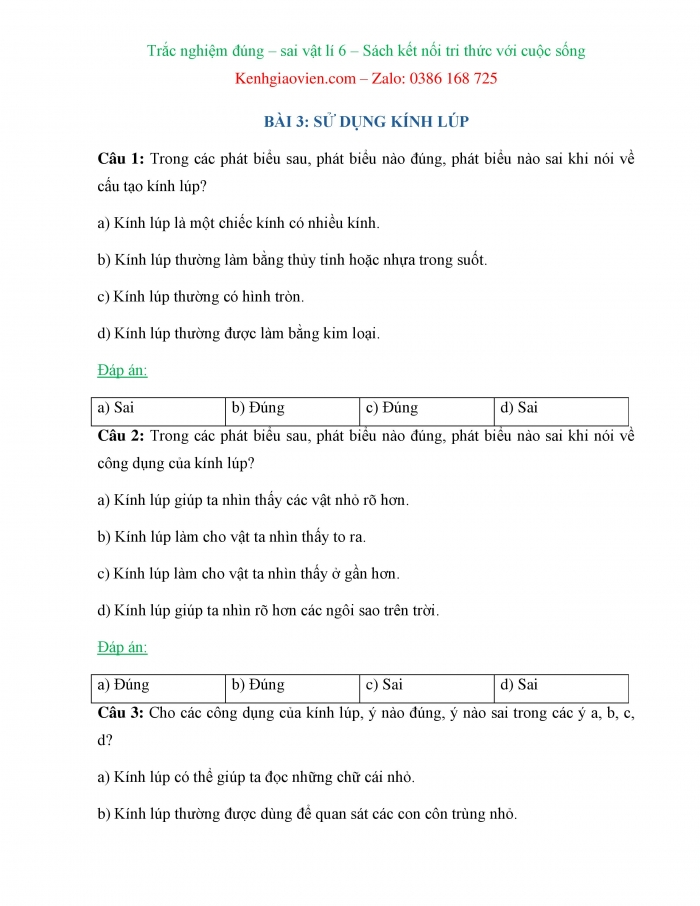 Trắc nghiệm đúng sai Vật lí 6 kết nối tri thức