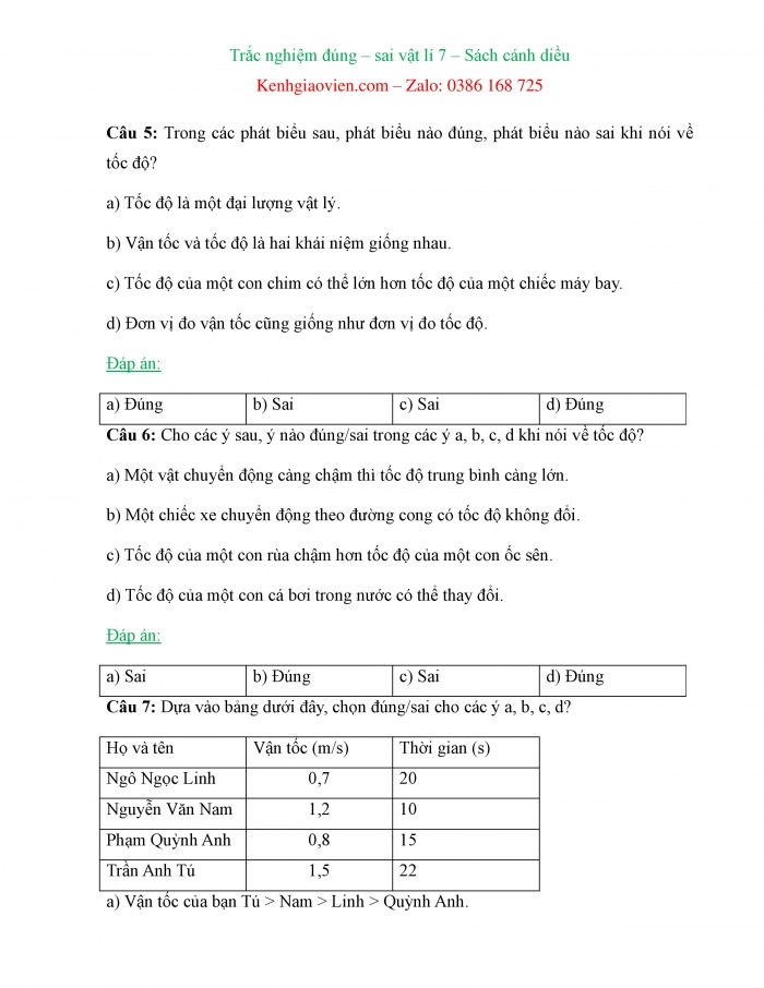 Trắc nghiệm đúng sai Vật lí 7 cánh diều