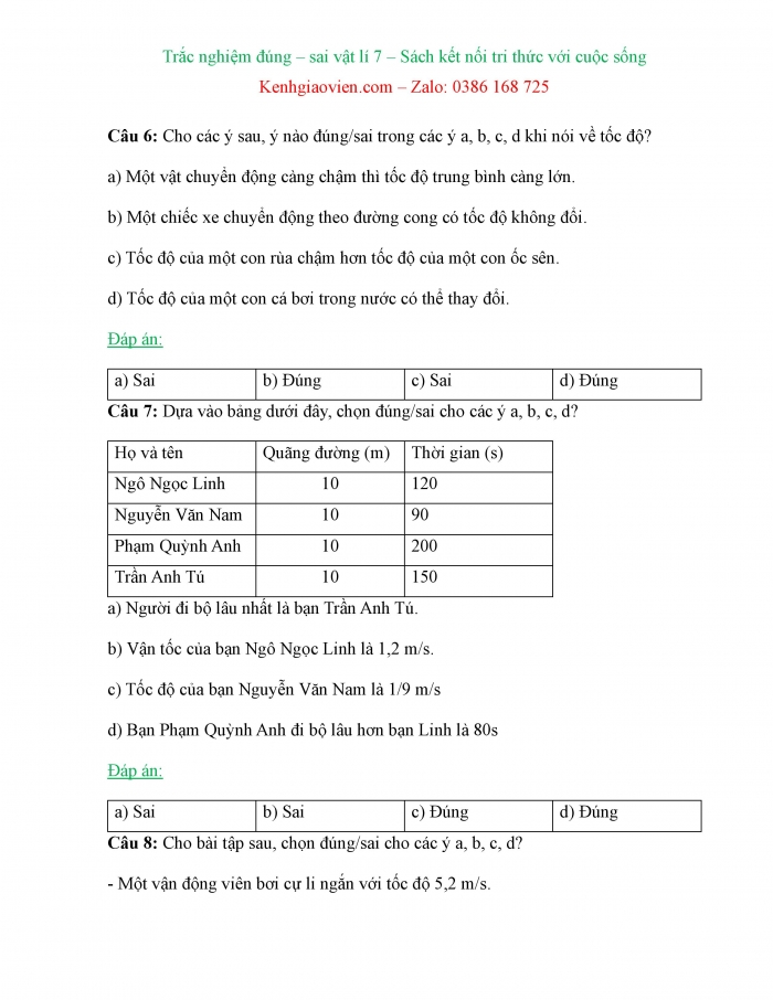 Trắc nghiệm đúng sai Vật lí 7 kết nối tri thức