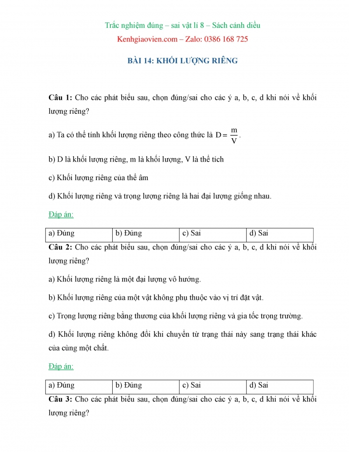 Trắc nghiệm đúng sai Vật lí 8 cánh diều