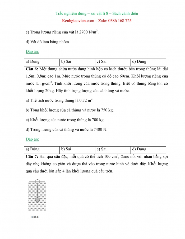 Trắc nghiệm đúng sai Vật lí 8 cánh diều