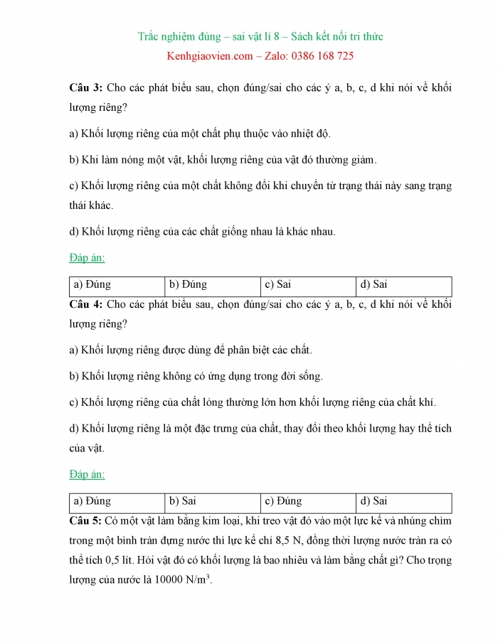 Trắc nghiệm đúng sai Vật lí 8 kết nối tri thức