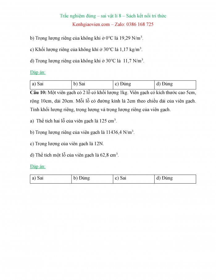 Trắc nghiệm đúng sai Vật lí 8 kết nối tri thức