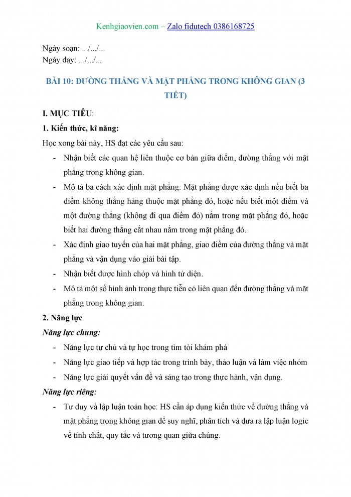 Giáo án và PPT Toán 11 kết nối Bài 10: Đường thẳng và mặt phẳng trong không gian