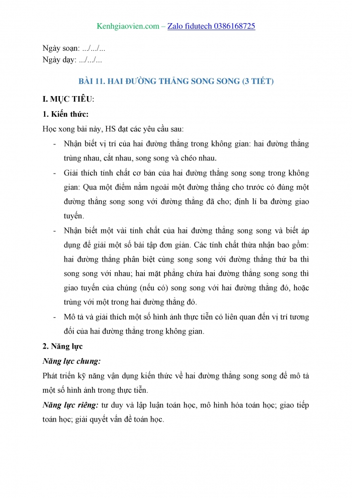 Giáo án và PPT Toán 11 kết nối Bài 11: Hai đường thẳng song song