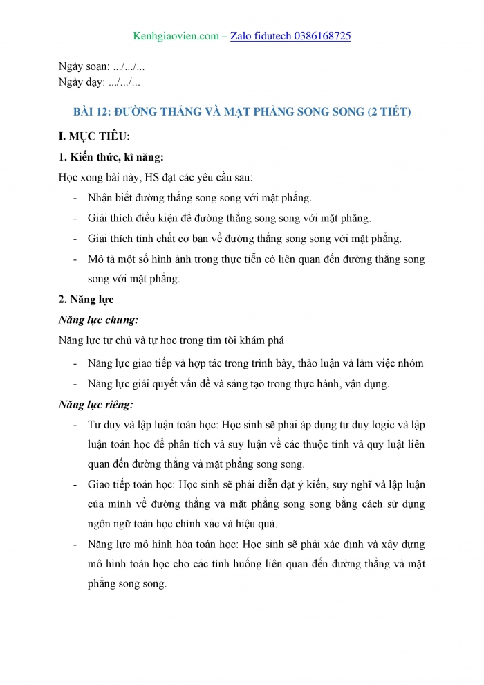 Giáo án và PPT Toán 11 kết nối Bài 12: Đường thẳng và mặt phẳng song song