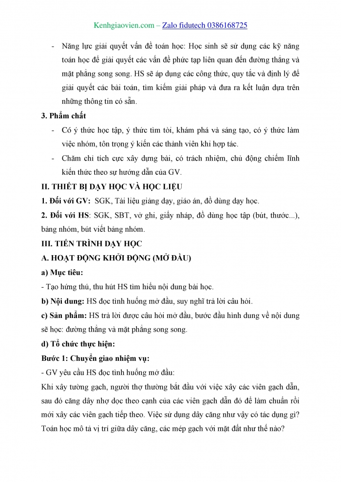 Giáo án và PPT Toán 11 kết nối Bài 12: Đường thẳng và mặt phẳng song song