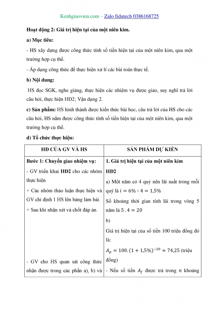 Giáo án và PPT Toán 11 kết nối Thực hành trải nghiệm: Một vài áp dụng của Toán học trong tài chính