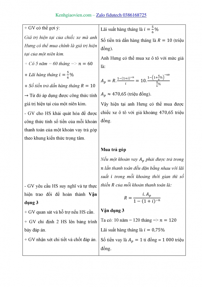 Giáo án và PPT Toán 11 kết nối Thực hành trải nghiệm: Một vài áp dụng của Toán học trong tài chính