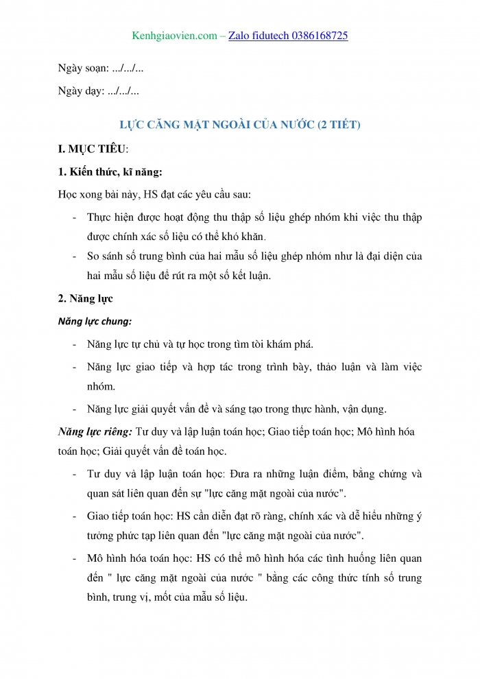 Giáo án và PPT Toán 11 kết nối Thực hành trải nghiệm: Lực căng mặt ngoài của nước