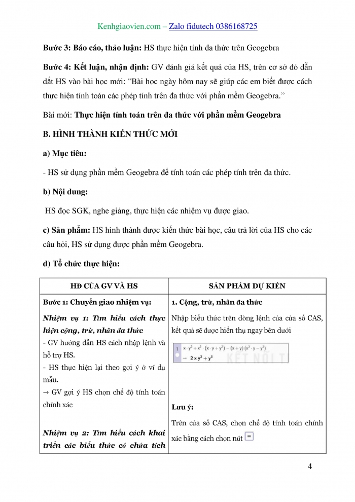 Giáo án và PPT Toán 8 kết nối Thực hành trải nghiệm: Thực hiện tính toán trên đa thức với phần mềm GeoGebra