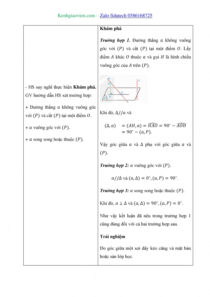 Giáo án và PPT Toán 11 kết nối Bài 24: Phép chiếu vuông góc. Góc giữa đường thẳng và mặt phẳng