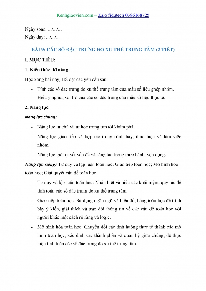 Giáo án và PPT Toán 11 kết nối Bài 9: Các số đặc trưng đo xu thế trung tâm