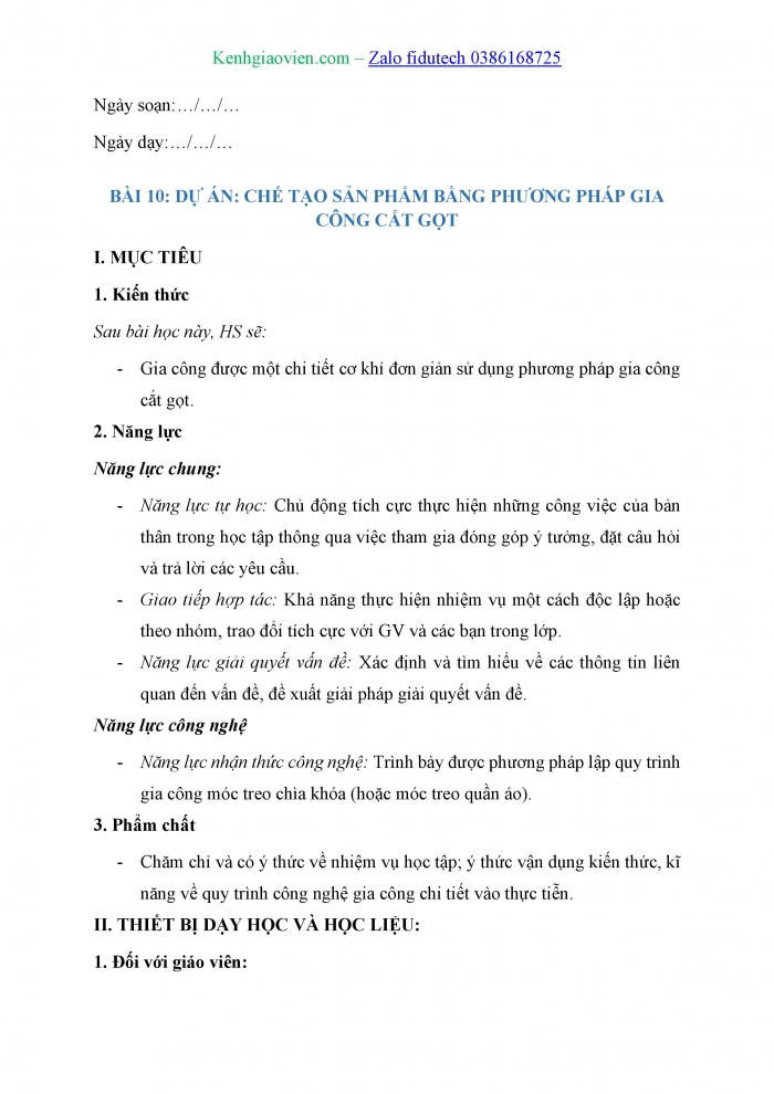 Giáo án và PPT Công nghệ cơ khí 11 kết nối Bài 10: Dự án Chế tạo sản phẩm bằng phương pháp gia công cắt gọt
