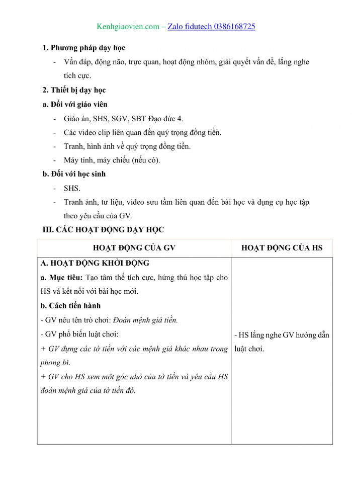 Giáo án và PPT Đạo đức 4 cánh diều Bài 11: Em quý trọng đồng tiền