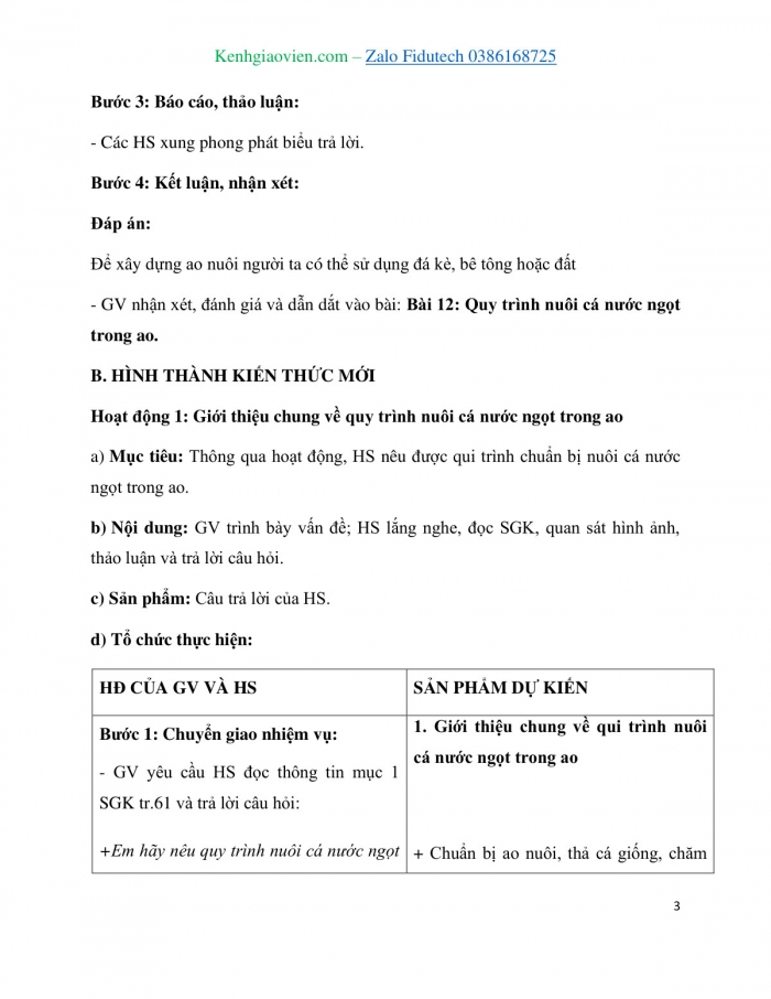 Giáo án và PPT Công nghệ 7 cánh diều Bài 12: Quy trình nuôi cá nước ngọt trong ao