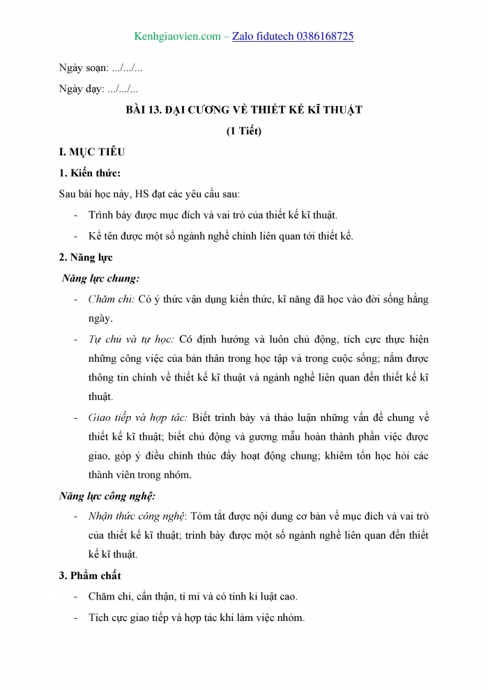 Giáo án và PPT Công nghệ 8 chân trời Bài 13: Đại cương về thiết kế kĩ thuật