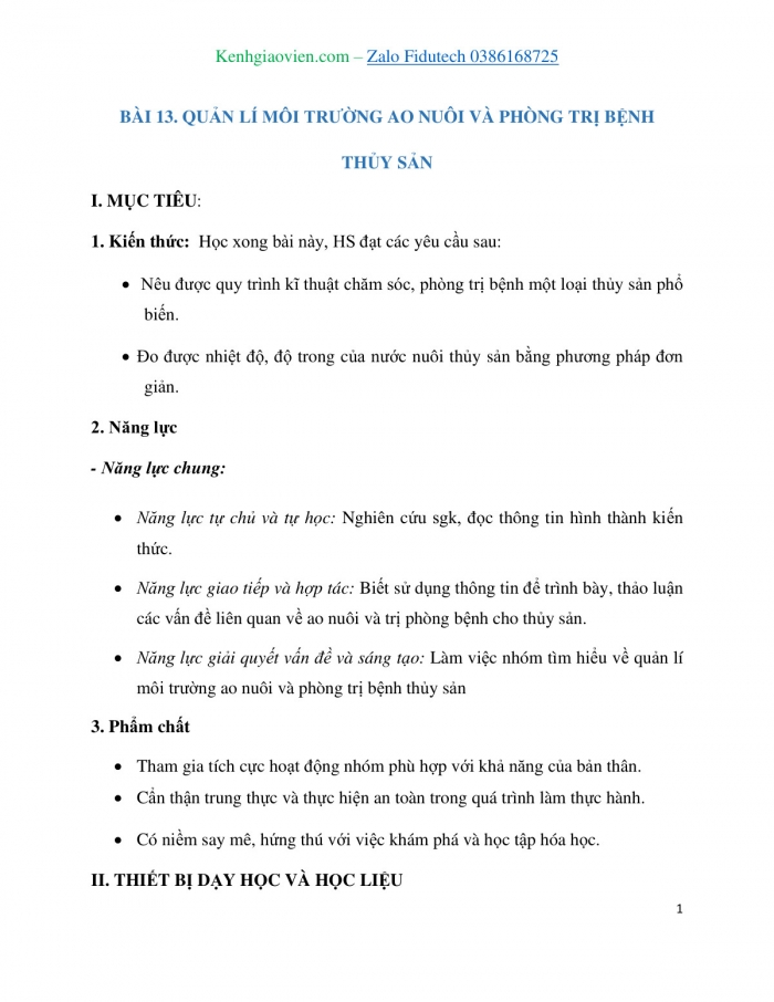 Giáo án và PPT Công nghệ 7 cánh diều Bài 13: Quản lí môi trường ao nuôi và phòng, trị bệnh thuỷ sản