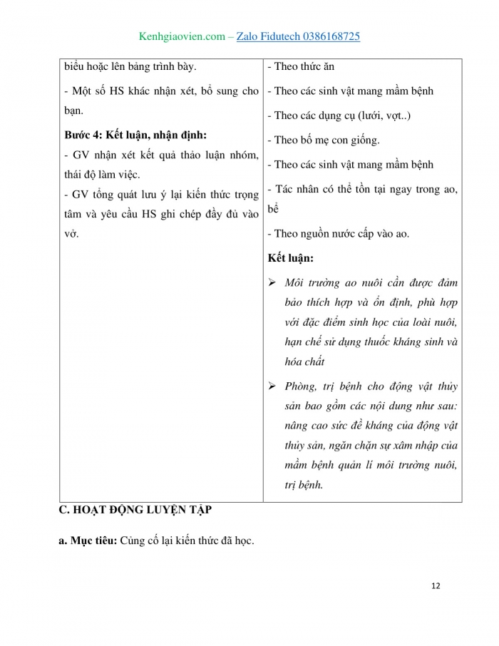 Giáo án và PPT Công nghệ 7 cánh diều Bài 13: Quản lí môi trường ao nuôi và phòng, trị bệnh thuỷ sản