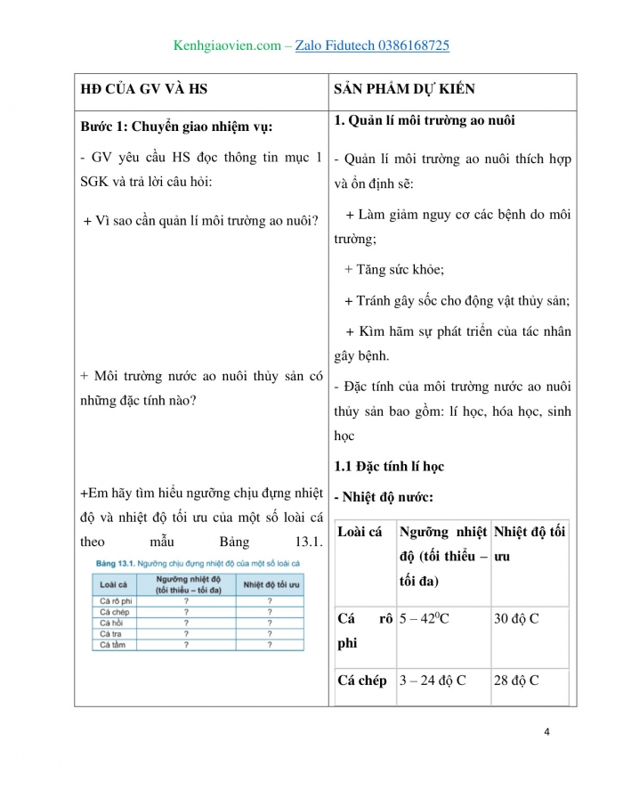 Giáo án và PPT Công nghệ 7 cánh diều Bài 13: Quản lí môi trường ao nuôi và phòng, trị bệnh thuỷ sản