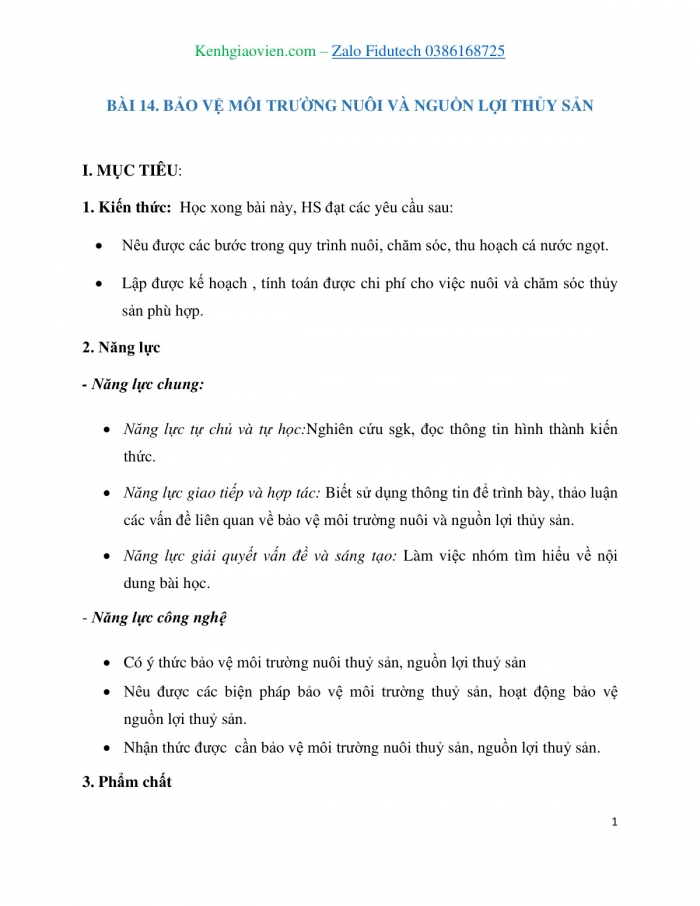 Giáo án và PPT Công nghệ 7 cánh diều Bài 14: Bảo vệ môi trường nuôi và nguồn lợi thuỷ sản