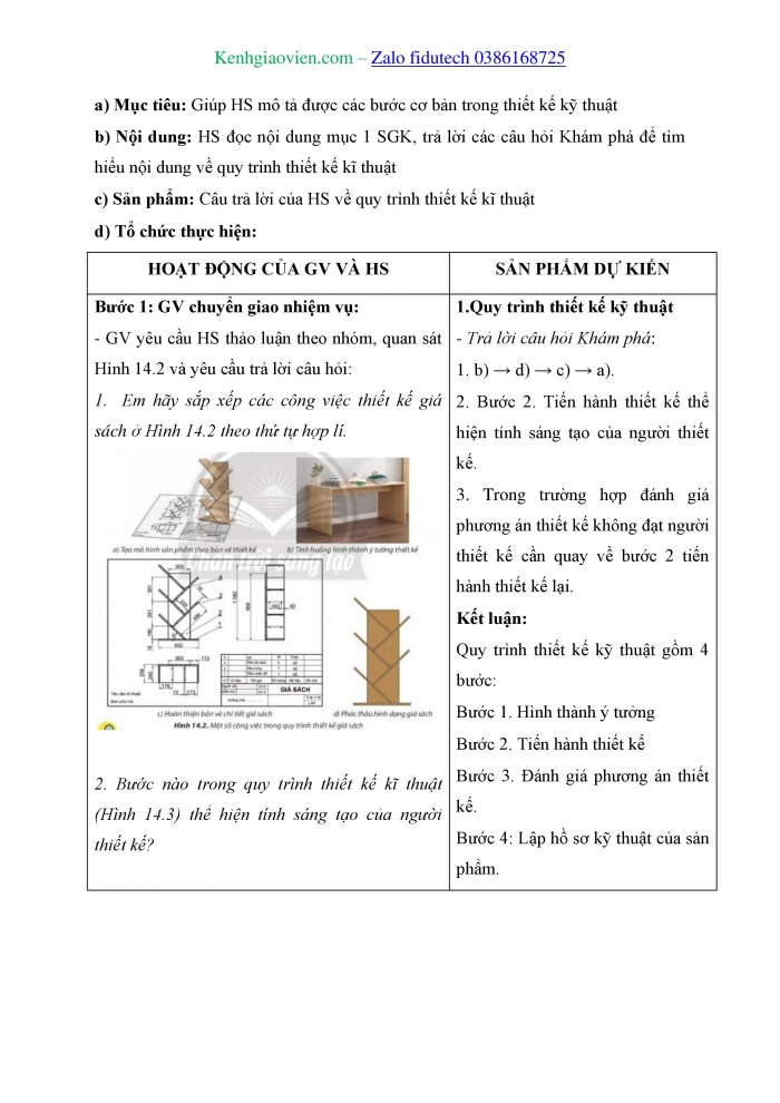 Giáo án và PPT Công nghệ 8 chân trời Bài 14: Quy trình thiết kế kĩ thuật