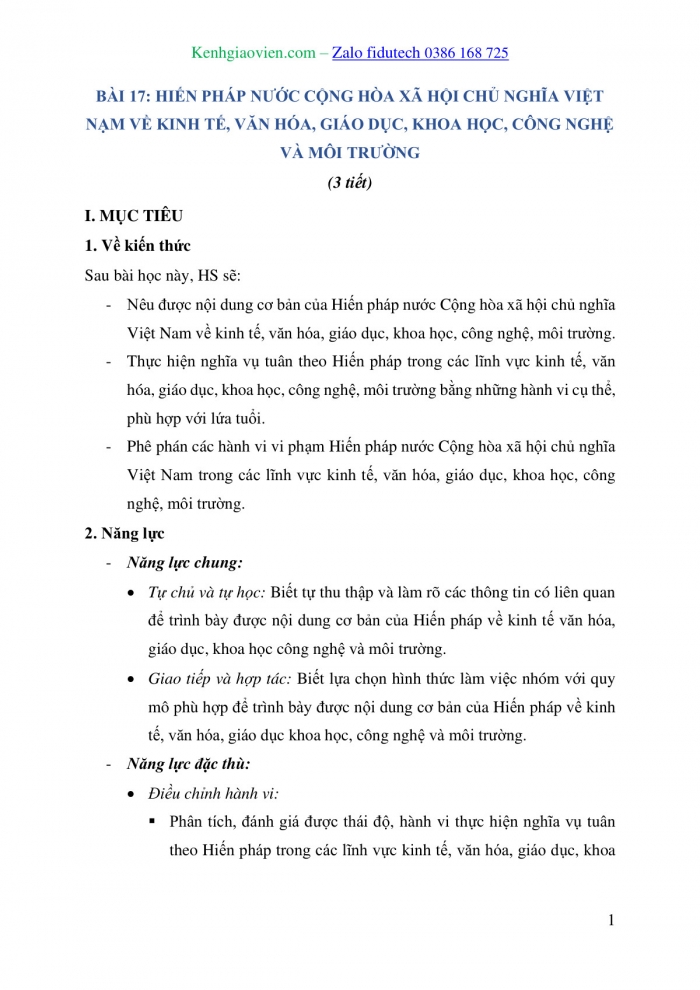 Giáo án và PPT Kinh tế pháp luật 10 cánh diều Bài 17: Hiến pháp nước Cộng hoà xã hội chủ nghĩa Việt Nam về kinh tế, văn hoá, giáo dục, khoa học, công nghệ và môi trường