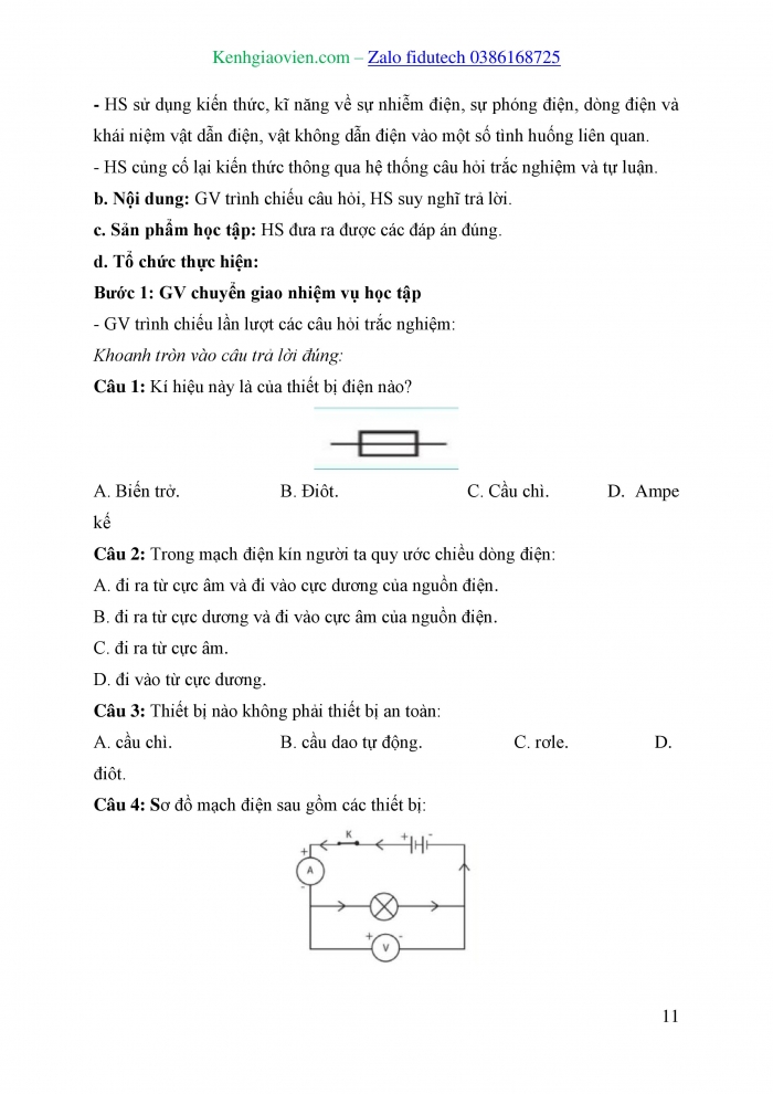 Giáo án và PPT KHTN 8 cánh diều Bài 21: Mạch điện