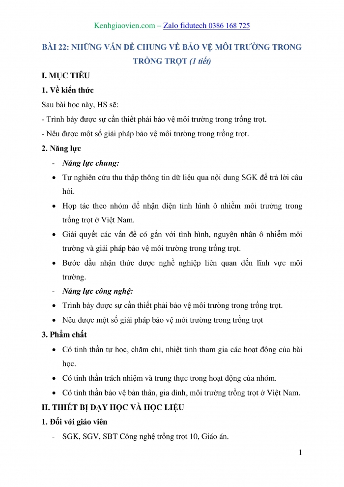 Giáo án và PPT Công nghệ trồng trọt 10 cánh diều Bài 22: Những vấn đề chung về bảo vệ môi trường trong trồng trọt