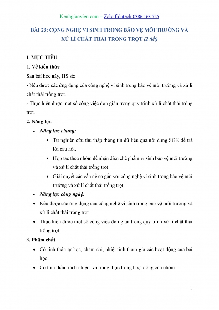 Giáo án và PPT Công nghệ trồng trọt 10 cánh diều Bài 23: Công nghệ vi sinh trong bảo vệ môi trường và xử lí chất thải trồng trọt