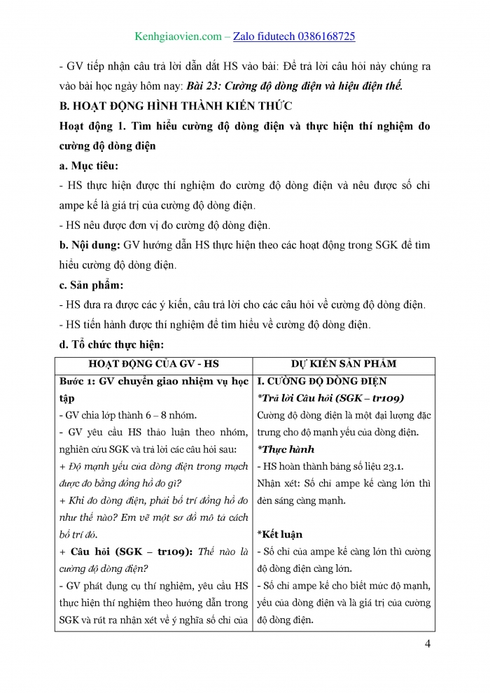 Giáo án và PPT KHTN 8 cánh diều Bài 23: Cường độ dòng điện và hiệu điện thế