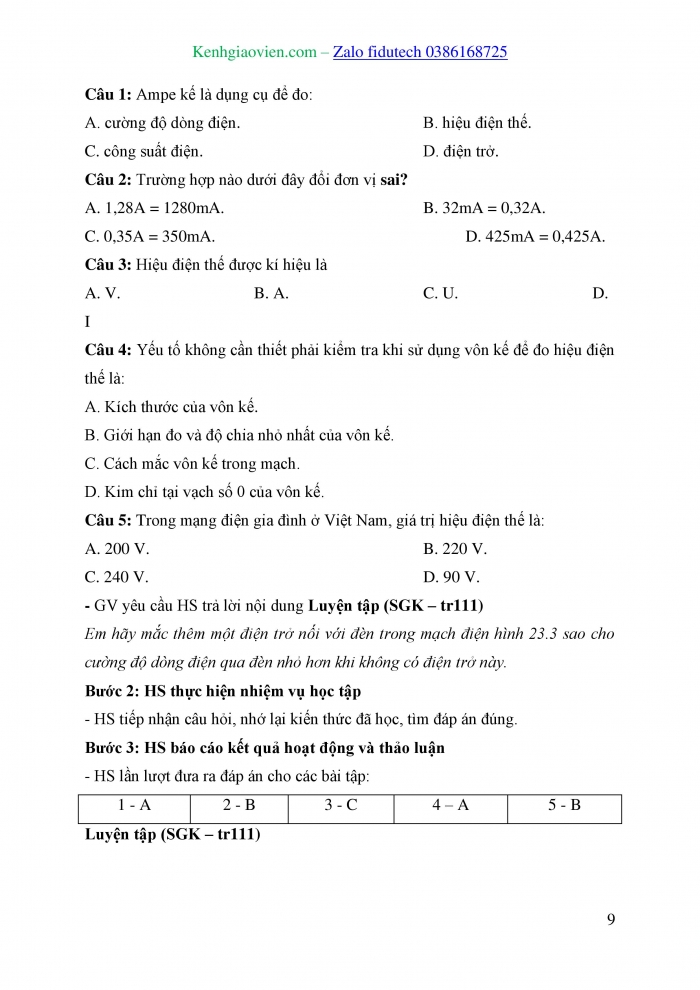 Giáo án và PPT KHTN 8 cánh diều Bài 23: Cường độ dòng điện và hiệu điện thế