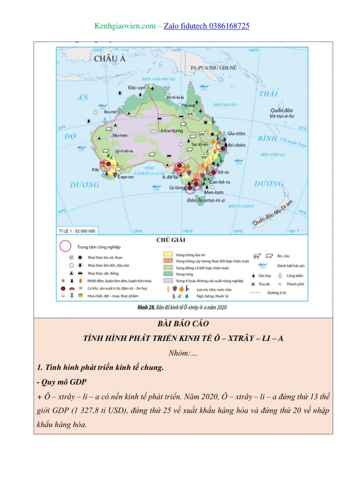 Giáo án và PPT Địa lí 11 cánh diều Bài 28: Thực hành Đọc bản đồ, phân tích số liệu, tư liệu và viết báo cáo về tình hình phát triển kinh tế Ô-xtrây-li-a