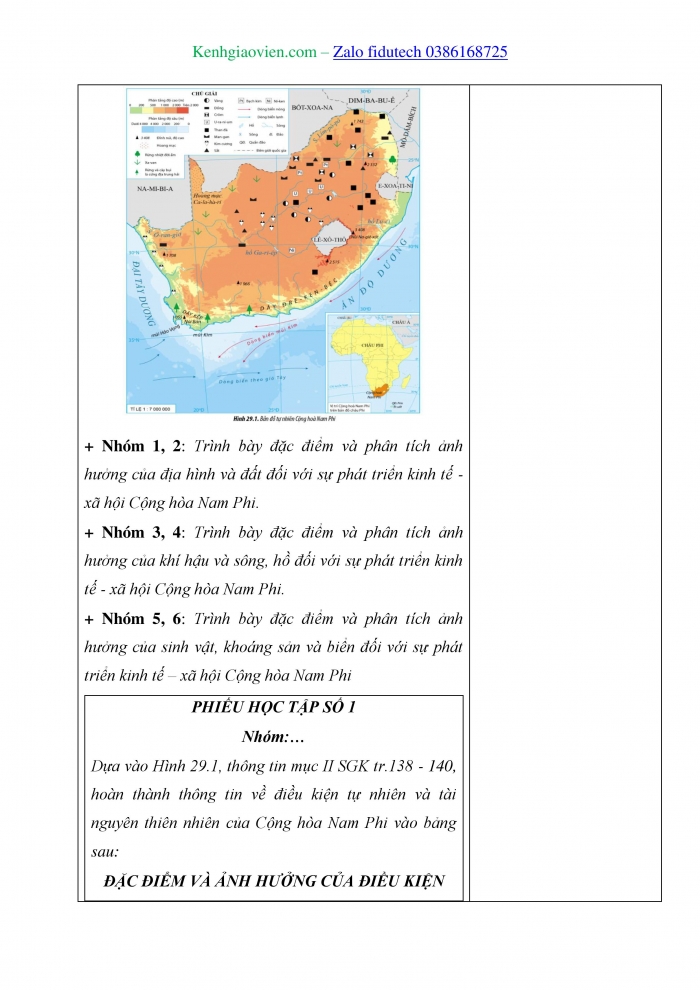 Giáo án và PPT Địa lí 11 cánh diều Bài 29: Vị trí địa lí, điều kiện tự nhiên và dân cư, xã hội Cộng hòa Nam Phi