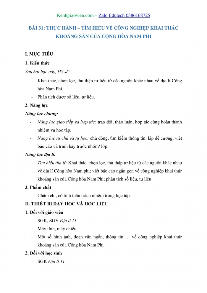 Giáo án và PPT Địa lí 11 cánh diều Bài 31: Thực hành Tìm hiểu về công nghiệp khai thác khoáng sản của Cộng hòa Nam Phi