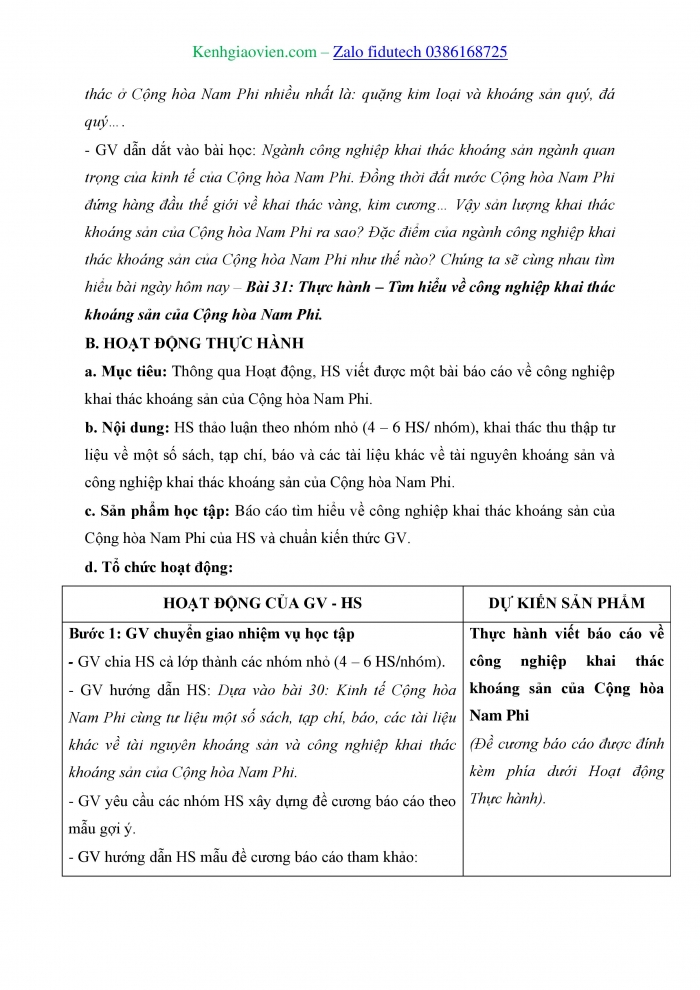 Giáo án và PPT Địa lí 11 cánh diều Bài 31: Thực hành Tìm hiểu về công nghiệp khai thác khoáng sản của Cộng hòa Nam Phi